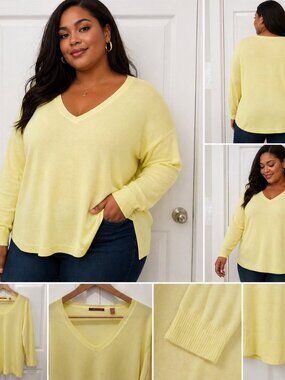 525 America Women’s 2XL Butter Yellow 3/4 Sleeve V-Neck Lightweight Knit Sweater